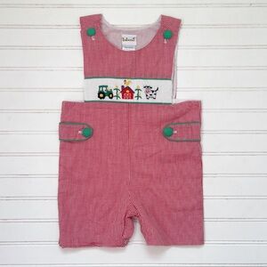 BABEENI VGUC Boys Hand Smocked Farm Theme Gingham Heirloom Jon Jons